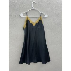 Edgemont Womens Nightgown Size Medium Black Silky Yellow Lace Trim Sleepwear VTG